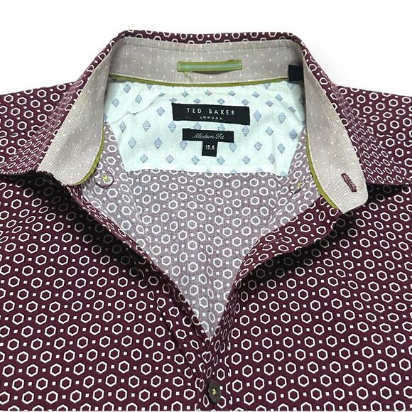 TED BAKER Modern Fit Button Up Shirt Wrinkle Resistant Work Night Out Red 15.5 - Picture 4 of 10